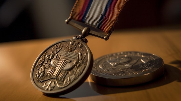 A medal and a silver coin on a table