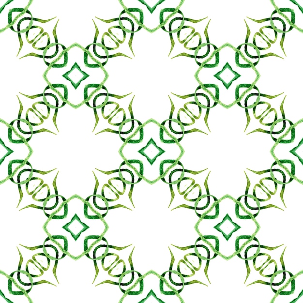 Medallion seamless pattern. Green outstanding boho chic summer design.  Watercolor medallion seamless border.