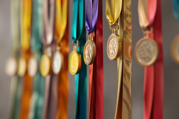 Photo medals and ribbon showcasing a collection of medals hanging from colorful ribbons