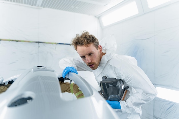 Medewerker autoservice werkt in de spuitcabine