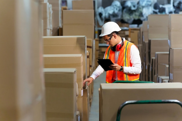 Medewerker van een logistiek magazijn voert een inventaris van producten uit