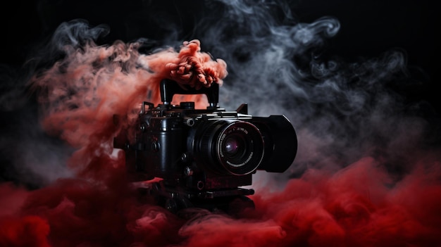 Media camera on black curtain with smoke red