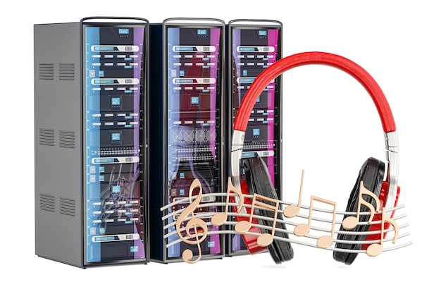 Media musical server concept Computer Server Racks with headphones and music notes 3D rendering