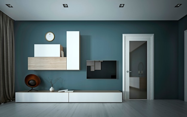 Media storage and tv unit in a modern style room, on a dark
wall.