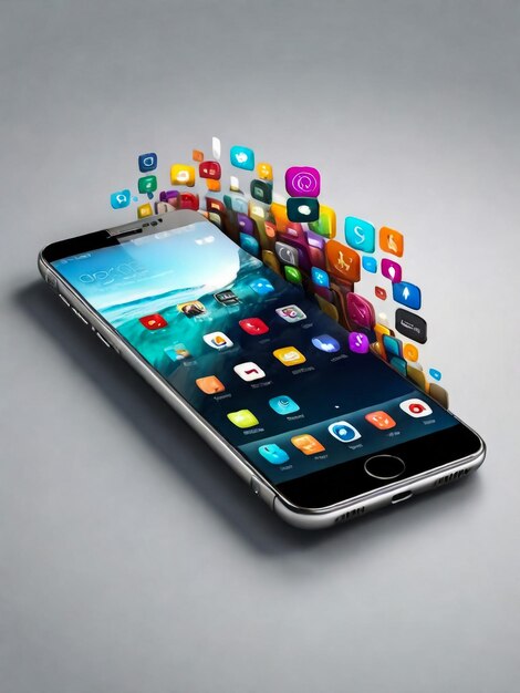 Media technology illustration with mobile phone and icons