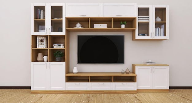 Mediameubel met led-tv in modern woonkamerinterieur met witte houten vloer als achtergrond