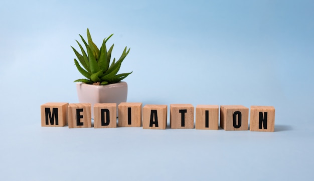 Mediation Word In Wooden Cube on blue .