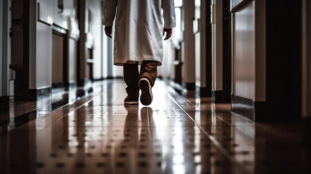 Medic or doctor walking along hospital corridor