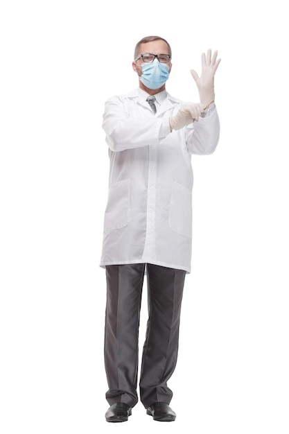 Medic in protective mask and gloves . isolated on a white background.