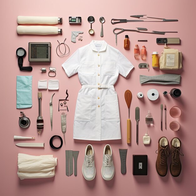 Photo medic vintage knolling flat lays studio photo clother equip profession retro instagram wall art