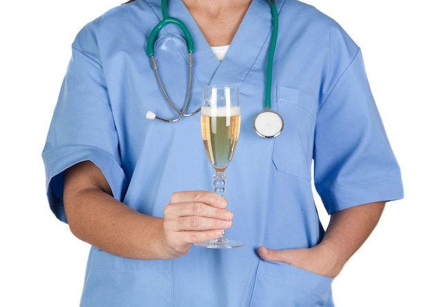 Medical anonymous with champagne glass isolated on white