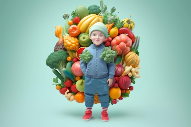 Medical art of kid body shaped with vegetables with Generative AI