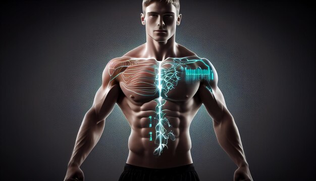 Photo a medical background with a technology design over a guy body with a highlighted brain generative ai