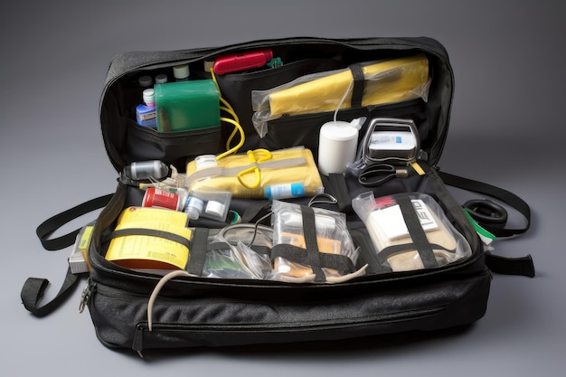 Medical bag with various medical supplies and instruments visible created with generative ai