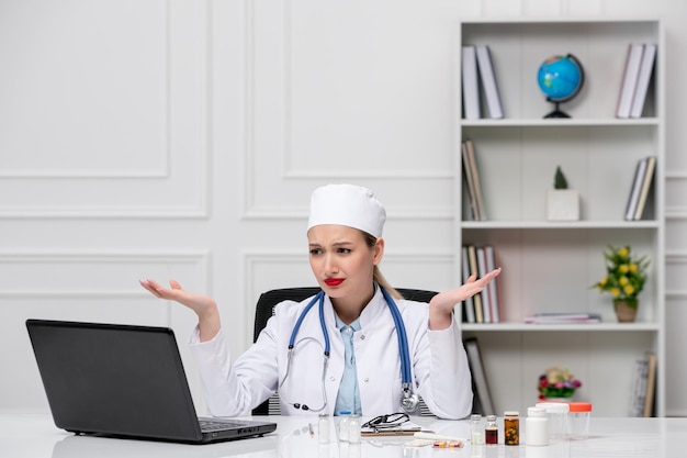 Медицинская блондинка молодой врач в белом лабораторном халате и шляпе с компьютером сбита с толку и нервничает