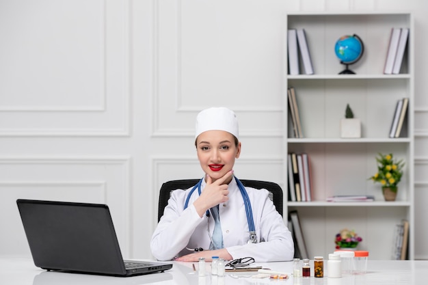 Medical blonde young doctor in white lab coat and hat with computer smiling confident