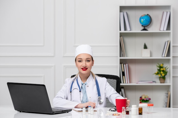 Medico biondo giovane medico in camice bianco e cappello con computer con tazza di caffè rossa