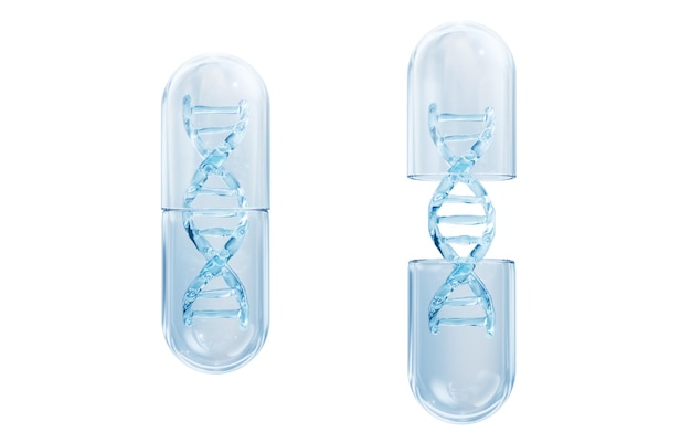 Medical capsule with DNA inside 3d rendering