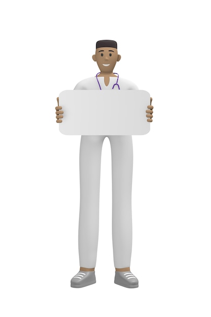 Medical character Young african man doctor holding a blank board for copy space. Cartoon person isolated