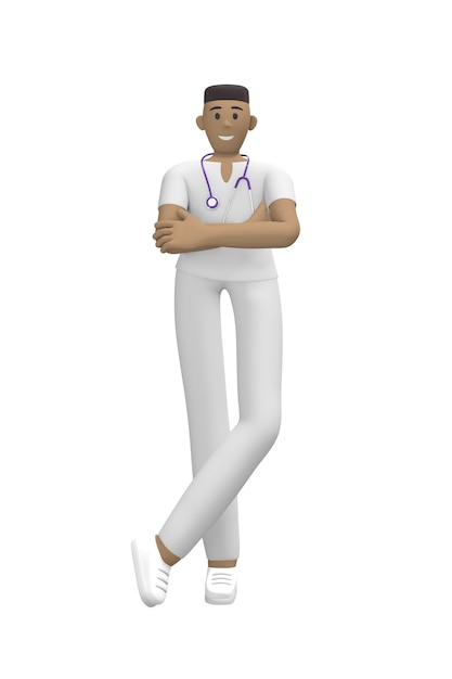 Medical character A young african man doctor in a suit stands with hands clasped on chest. Cartoon person