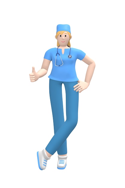 Medical character young white female doctor thumb up. Concept like, good, success. Cartoon person