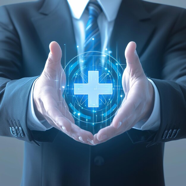 Medical collaboration Businessman holds positive virtual medical network connection icon For Social