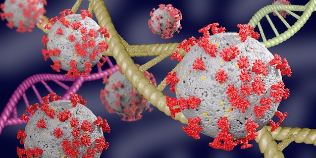 The medical concept background of the 3D illustrated virus Virus cell or bacterial background COVID19 mutant virus