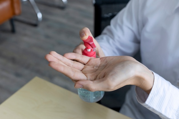 Medical concept; close up picture of the doctor clean hand by hand gel