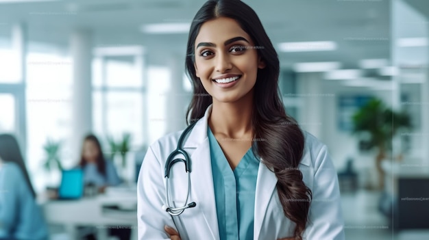 Medical concept of Indian beautiful female doctor in white coat with stethoscope waist up Medical