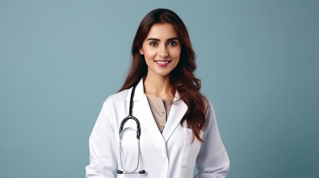 medical concept of indian beautiful female doctor in white coat with stethoscope waist up medical