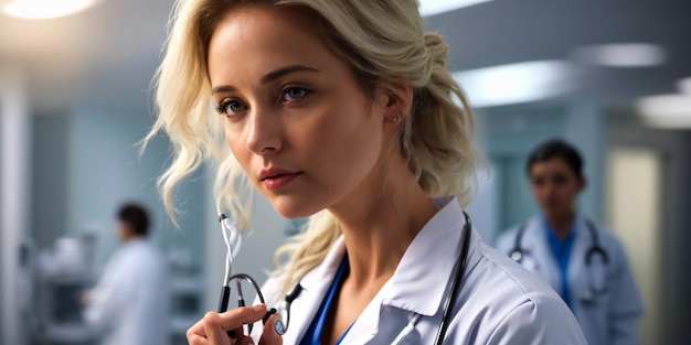 Medical concept of USA beautiful female doctor in white coat with stethoscope