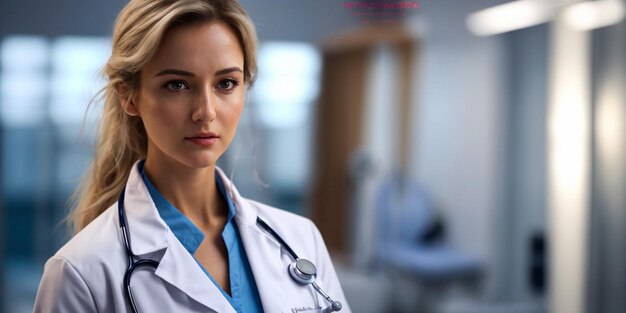 Medical concept of USA beautiful female doctor in white coat with stethoscope