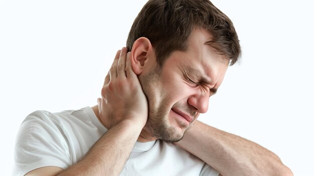 medical condition of cervical pain in a man depicted on white background
