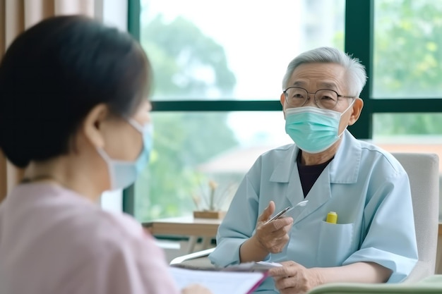 Medical Consultation in Clinic Physician and Senior Man During Pandemic