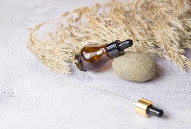 Medical cosmetic product in a bottle with a pipette on the background of a sprig of reeds Essential natural oil in a brown bottle on a stone