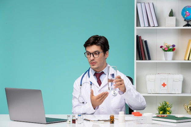 Medical cute handsome doctor in lab coat working remotely on computer curing patient