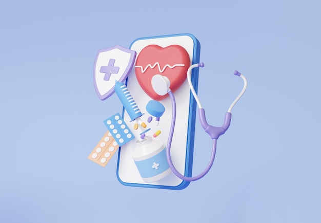 건강 검진 심장 박동 약물 3d 렌더링과 앱 휴대 전화 청진기 진단 보호 보험 보고서 정보 서비스 백신에 대한 의사 의료 온라인 개념