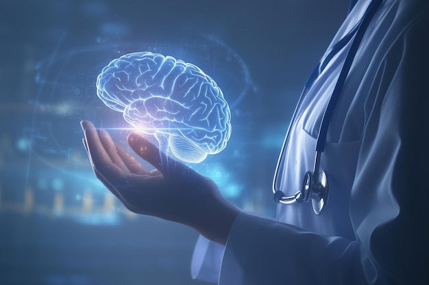 神経系保護コンセプトで輝く仮想人間の脳を手に持っている医師
