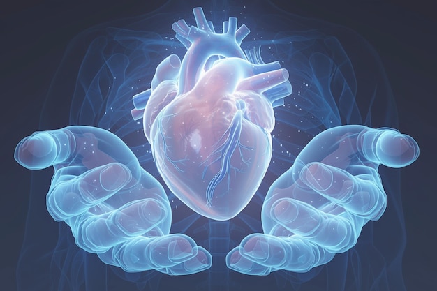 Врач с светящимся виртуальным человеческим сердцем в руках в кардиоваскулярной системе
