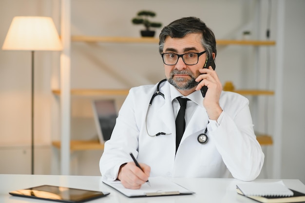 Medical doctor man over hospital background