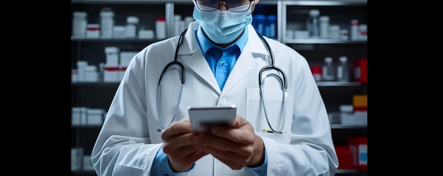 A medical doctor physician or pharmaceutical lab worker viewing information on tablet or smartphone