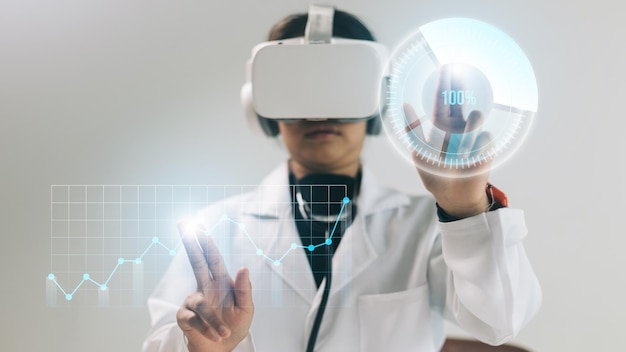 medical doctor wearing virtual reality goggles vr headset future technology concept