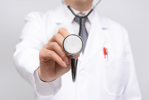 Medical doctor with copy space isolated on white .