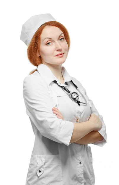 Medical doctor woman with stethoscope. Isolated