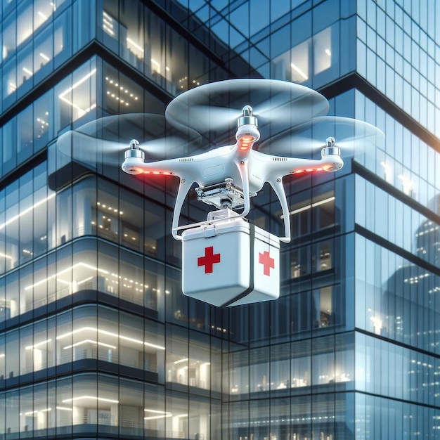 Photo medical drone with firstaid kit box with the delivery of medicines on the background of clinic