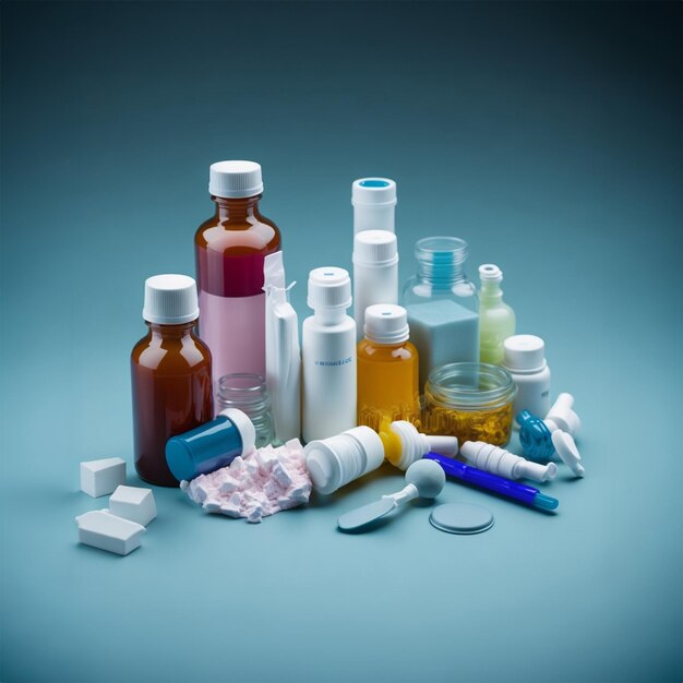 Medical drug products on a blue background