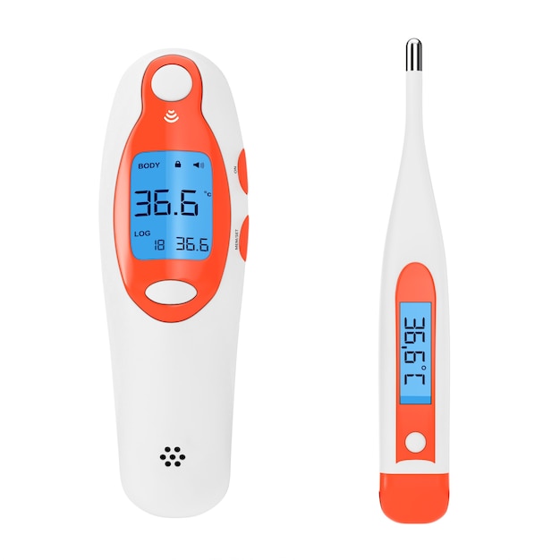 白地に電子現代温度計を備えた医療用耳赤外線デジタル体温計。 3Dレンダリング。