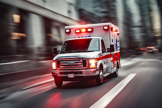 a medical emergency ambulance car driving with red lights on through the city on a road