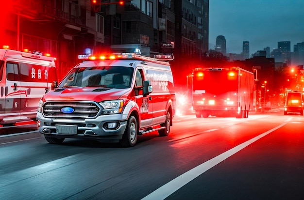 a medical emergency ambulance car driving with red lights on through the city on a road