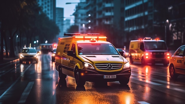 A medical emergency ambulance car driving with red lights on through the city on a road